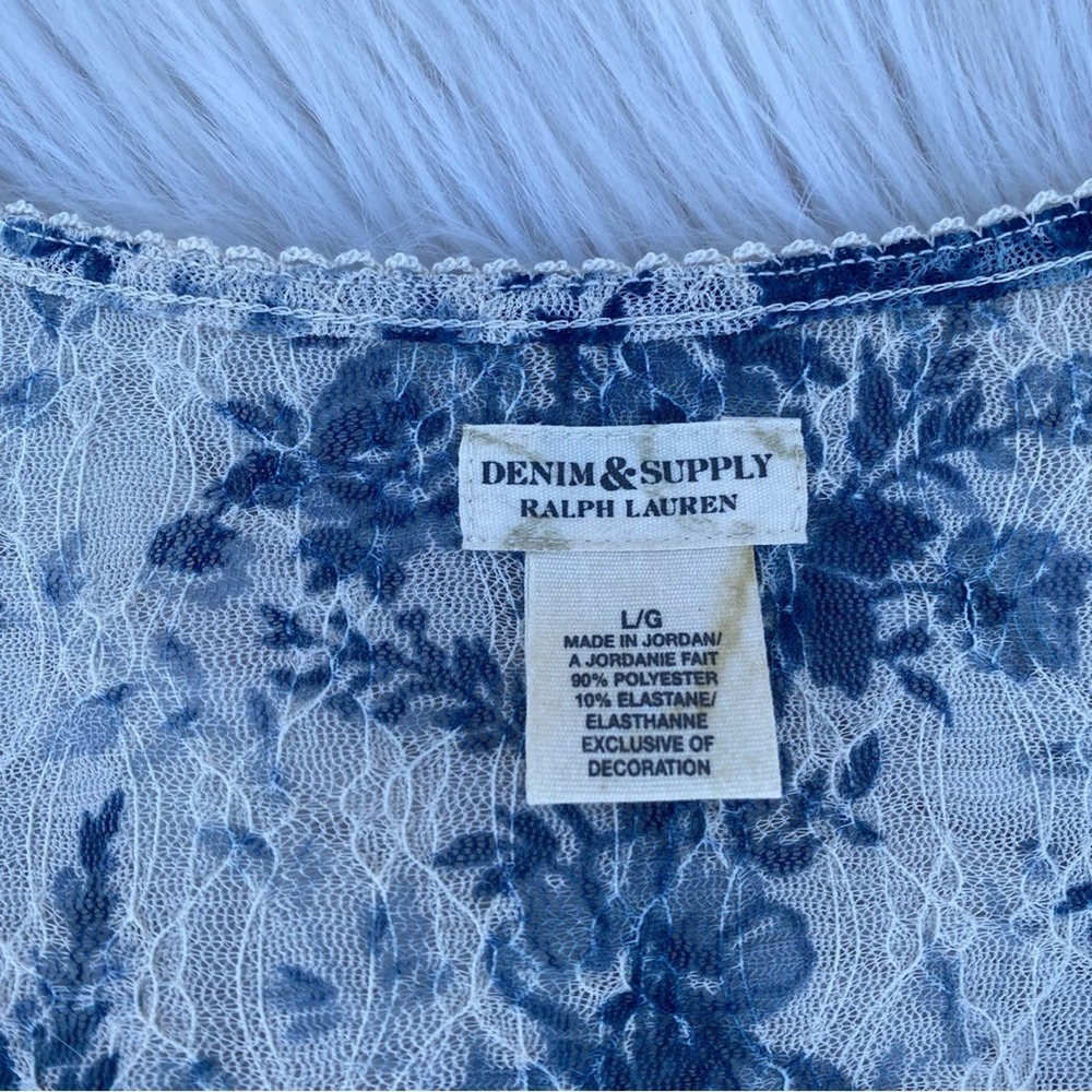 Denim & Supply Floral Print blue cream mesh Blouse large - Picture 5 of 6